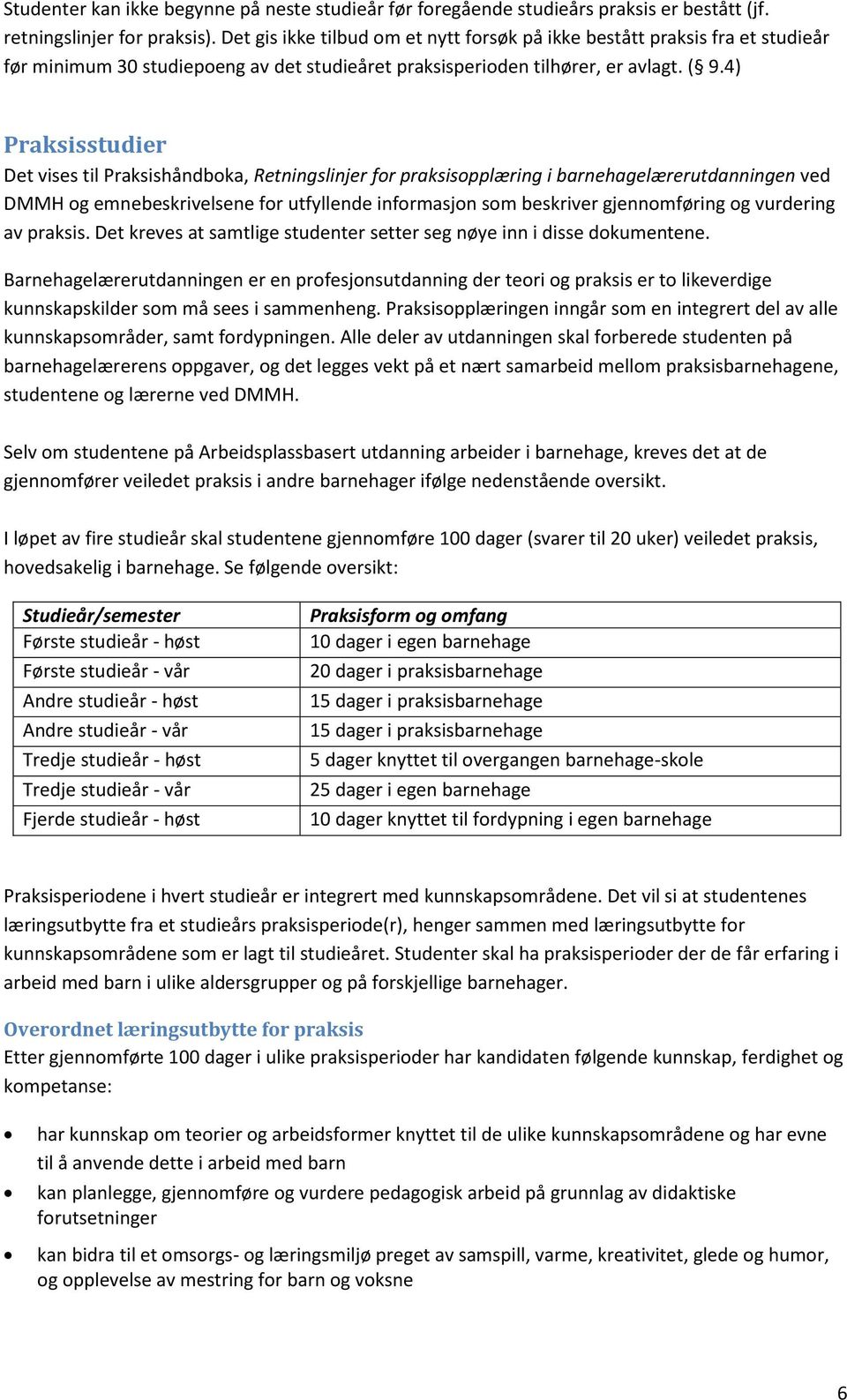 4) Praksisstudier Det vises til Praksishåndboka, Retningslinjer for praksisopplæring i barnehagelærerutdanningen ved DMMH og emnebeskrivelsene for utfyllende informasjon som beskriver gjennomføring