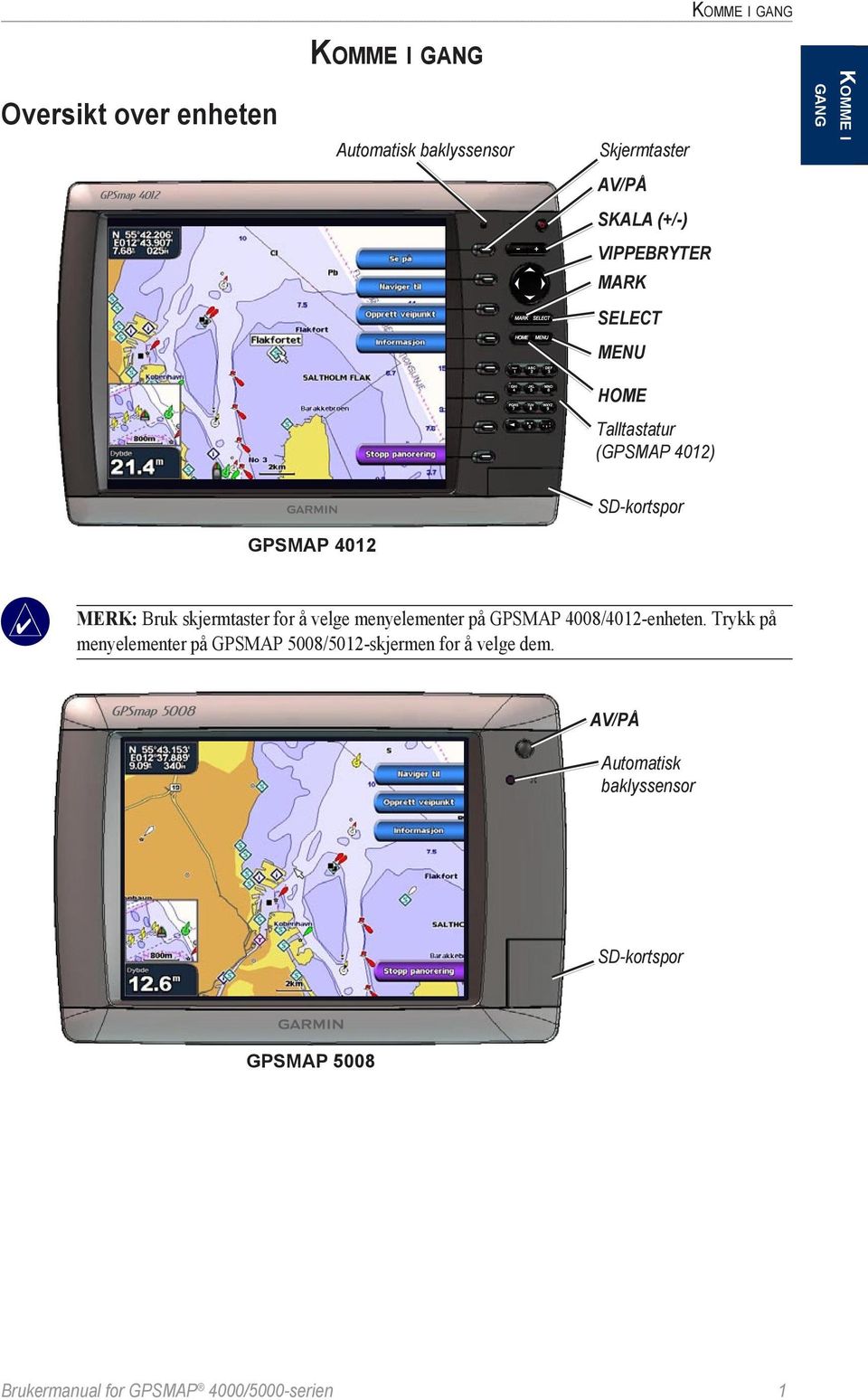 skjermtaster for å velge menyelementer på GPSMAP 4008/4012-enheten.