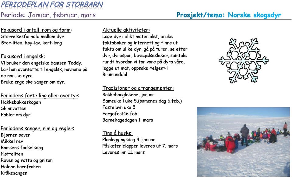 Periodens fortelling eller eventyr: Hakkebakkeskogen Skinnvotten Fabler om dyr Bjørnen sover Mikkel rev Bamsens fødselsdag Nøtteliten Reven og rotta og grisen Helene harefrøken Kråkesangen Lage dyr i