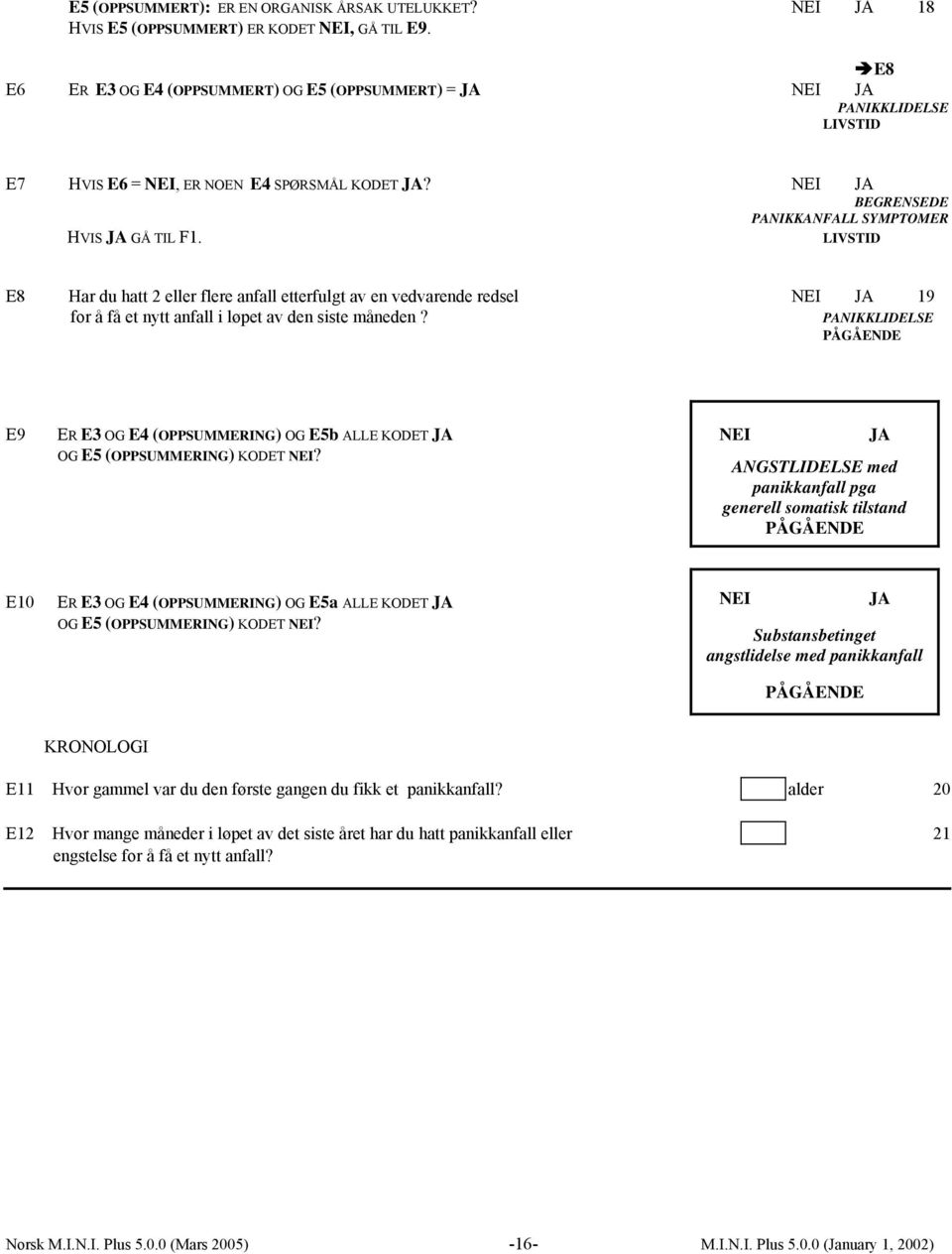 LIVSTID E8 Har du hatt 2 eller flere anfall etterfulgt av en vedvarende redsel 19 for å få et nytt anfall i løpet av den siste måneden?