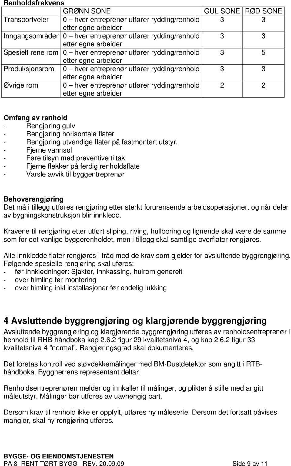 etter egne arbeider GUL SONE RØD SONE 3 3 3 3 3 5 3 3 2 2 Omfang av renhold - Rengjøring gulv - Rengjøring horisontale flater - Rengjøring utvendige flater på fastmontert utstyr.