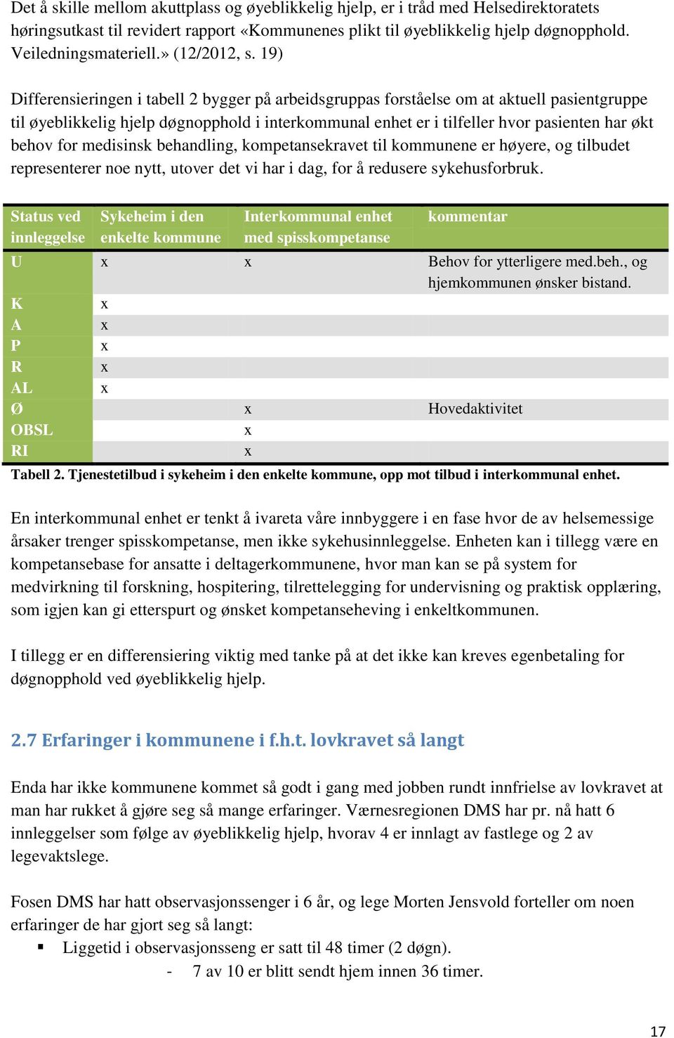 19) Differensieringen i tabell 2 bygger på arbeidsgruppas forståelse om at aktuell pasientgruppe til øyeblikkelig hjelp døgnopphold i interkommunal enhet er i tilfeller hvor pasienten har økt behov