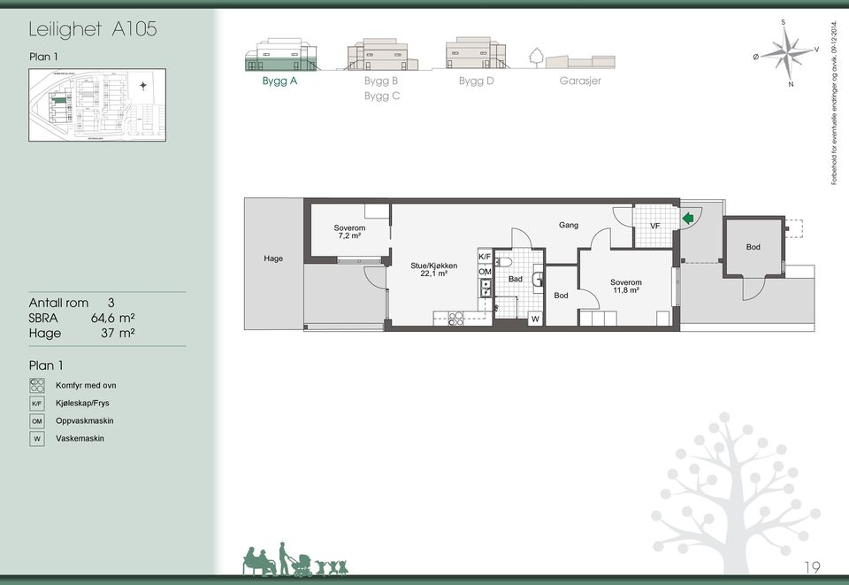 A101 Antall rom rom 3 SBRA 64,6 m² Hage 37 m² 4 1,0 m² Hage 7, m² Stue/Kjøkken,1 m² KROKSALLEE OM