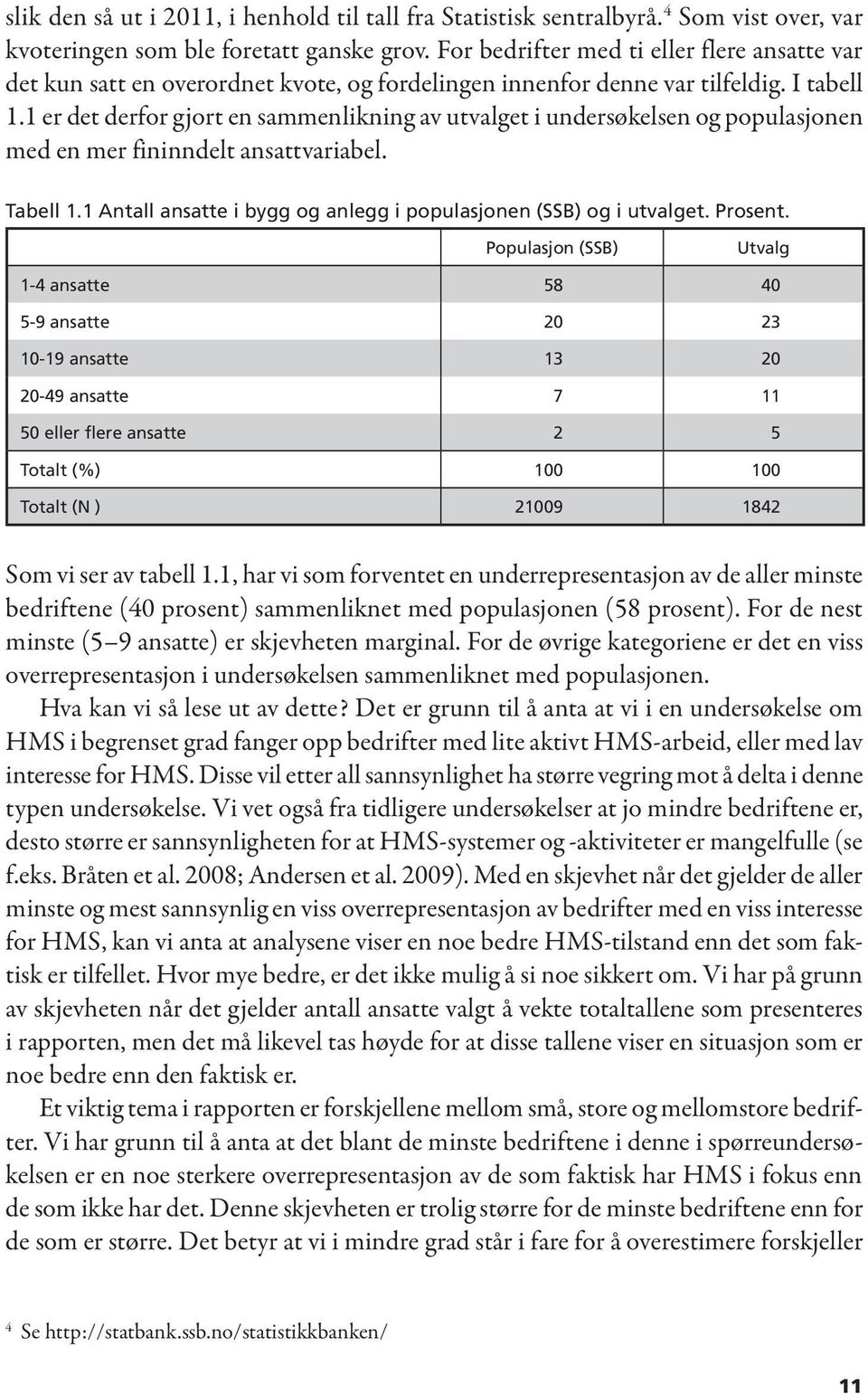 1 er det derfor gjort en sammenlikning av utvalget i undersøkelsen og populasjonen med en mer fininndelt ansattvariabel. Tabell 1.1 Antall ansatte i bygg og anlegg i populasjonen (SSB) og i utvalget.