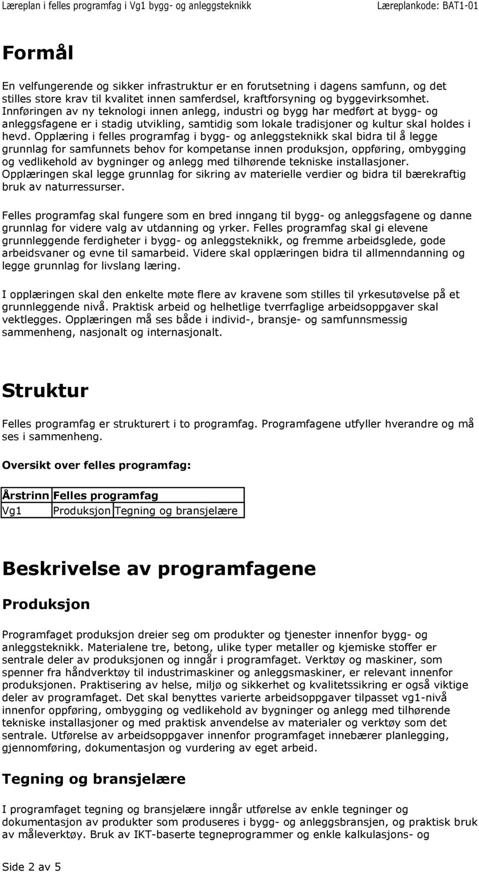 Opplæring i felles programfag i bygg- og skal bidra til å legge grunnlag for samfunnets behov for kompetanse innen produksjon, oppføring, ombygging og vedlikehold av bygninger og anlegg med