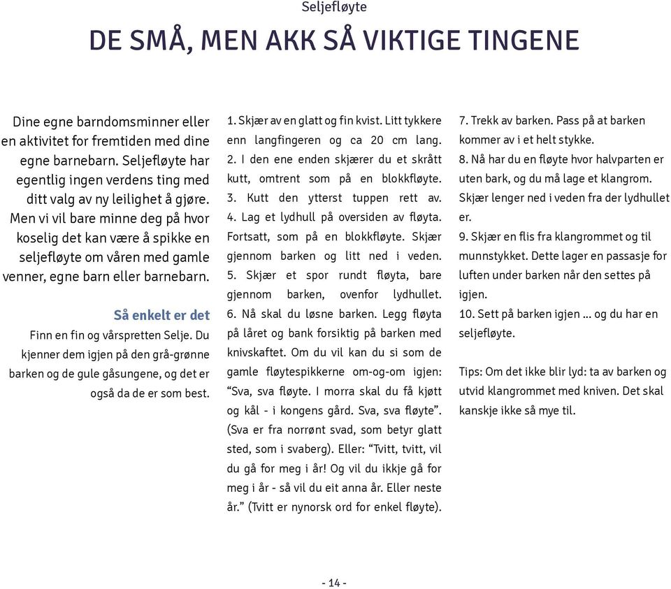 Men vi vil bare minne deg på hvor koselig det kan være å spikke en seljefløyte om våren med gamle venner, egne barn eller barnebarn. Så enkelt er det Finn en fin og vårspretten Selje.