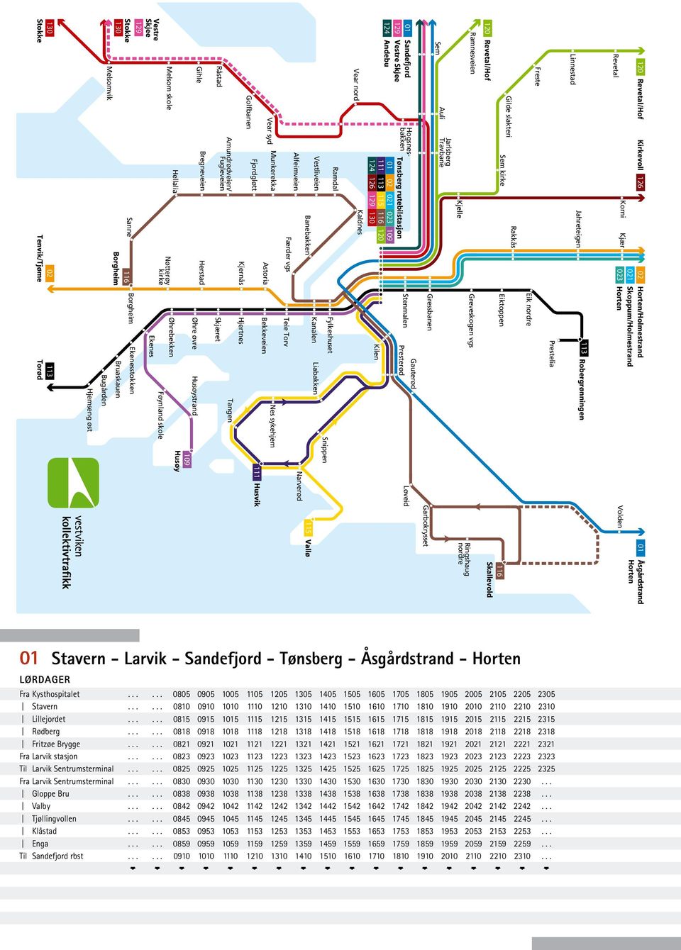 rutebilstasjon 01 02 021 023 109 111 113 115 116 120 124 126 129 130 Kaldnes Stenmalen Gauterød Presterød Kilen Løveid Ramdal Vestliveien Alfeimveien Banebakken Færder vgs Fylkeshuset Kanalen Teie