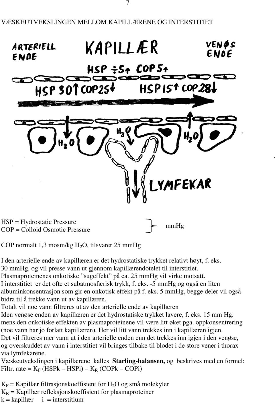 25 mmhg vil virke motsatt. I interstitiet er det ofte et subatmosfærisk trykk, f. eks. -5 mmhg og også en liten albuminkonsentrasjon som gir en onkotisk effekt på f. eks. 5 mmhg, begge deler vil også bidra til å trekke vann ut av kapillæren.