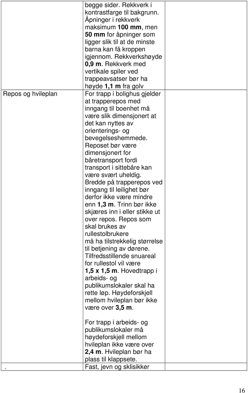 Rekkverk med vertikale spiler ved trappeavsatser bør ha høyde 1,1 m fra golv For trapp i bolighus gjelder at trapperepos med inngang til boenhet må være slik dimensjonert at det kan nyttes av