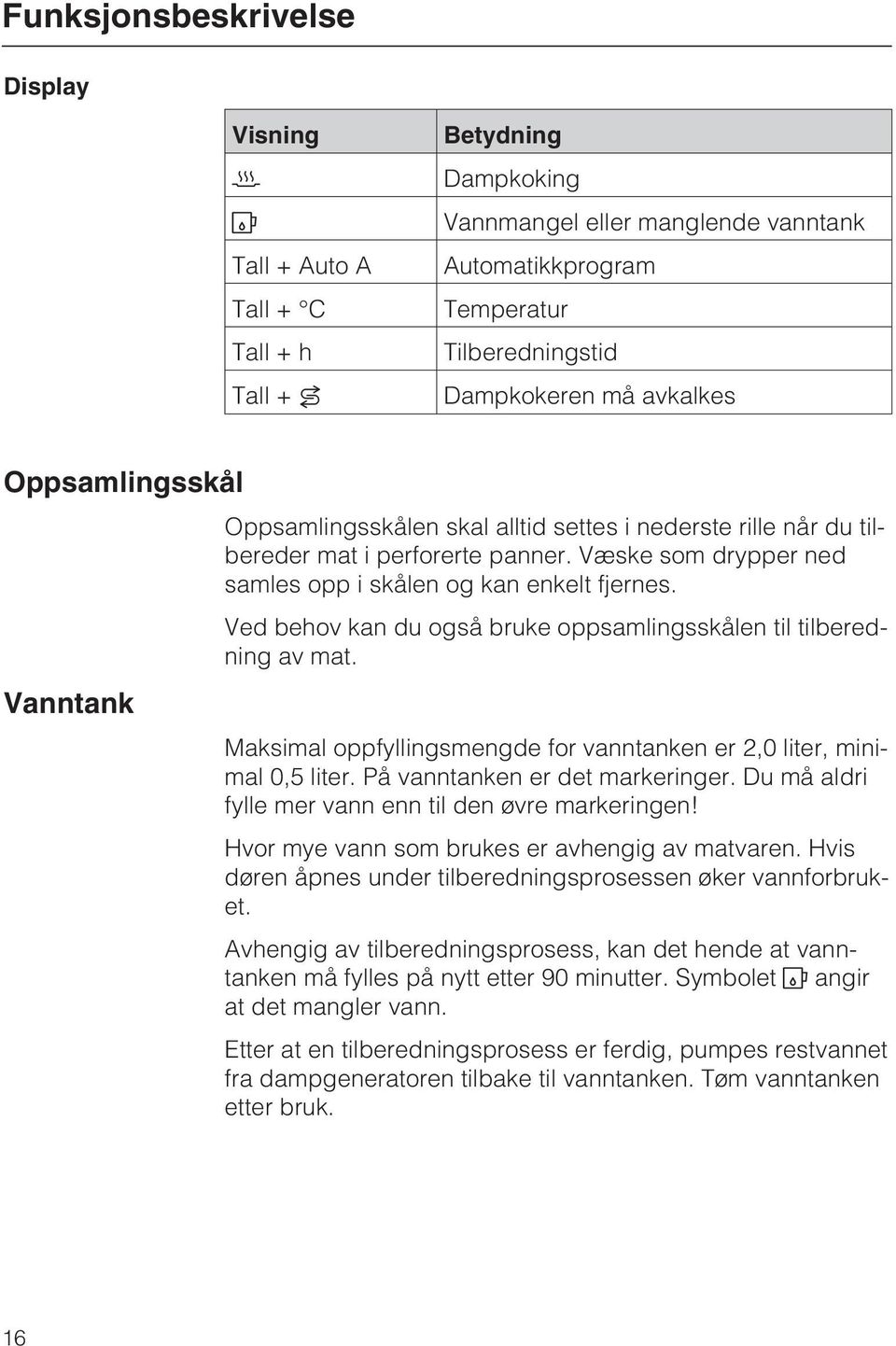 Ved behov kan du også bruke oppsamlingsskålen til tilberedning av mat. Maksimal oppfyllingsmengde for vanntanken er 2,0 liter, minimal 0,5 liter. På vanntanken er det markeringer.