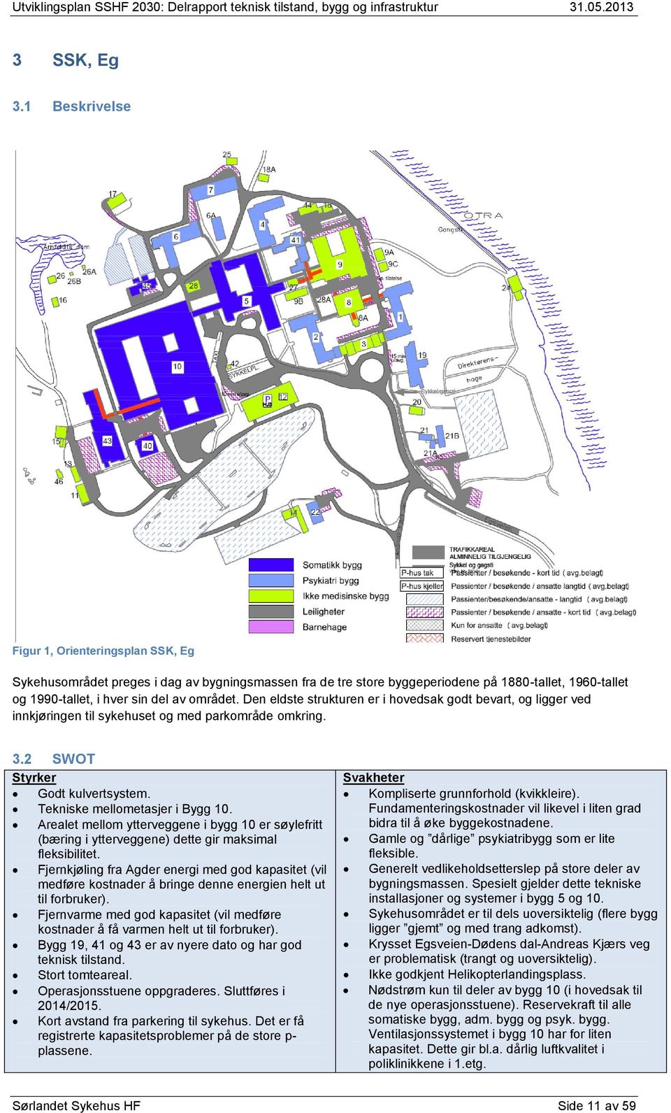 Den eldste strukturen er i hovedsak godt bevart, og ligger ved innkjøringen til sykehuset og med parkområde omkring. 3.2 SWOT Styrker Godt kulvertsystem. Tekniske mellometasjer i Bygg 10.