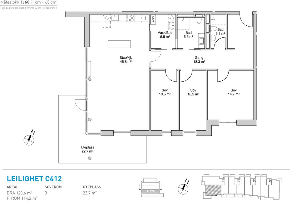 10,2 m² 10,2 m² 18,3 m² 14,7 m² 14,7 m² C412 BRA 120,6 m2 P-ROM 114,2 m2 10,5 m² 22,7 m² 22,7 m² 10,2 m² 14,7 m² 22,7 m² Leilighet