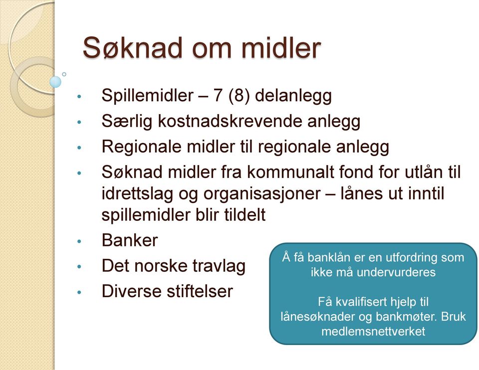 inntil spillemidler blir tildelt Banker Det norske travlag Diverse stiftelser Å få banklån er en
