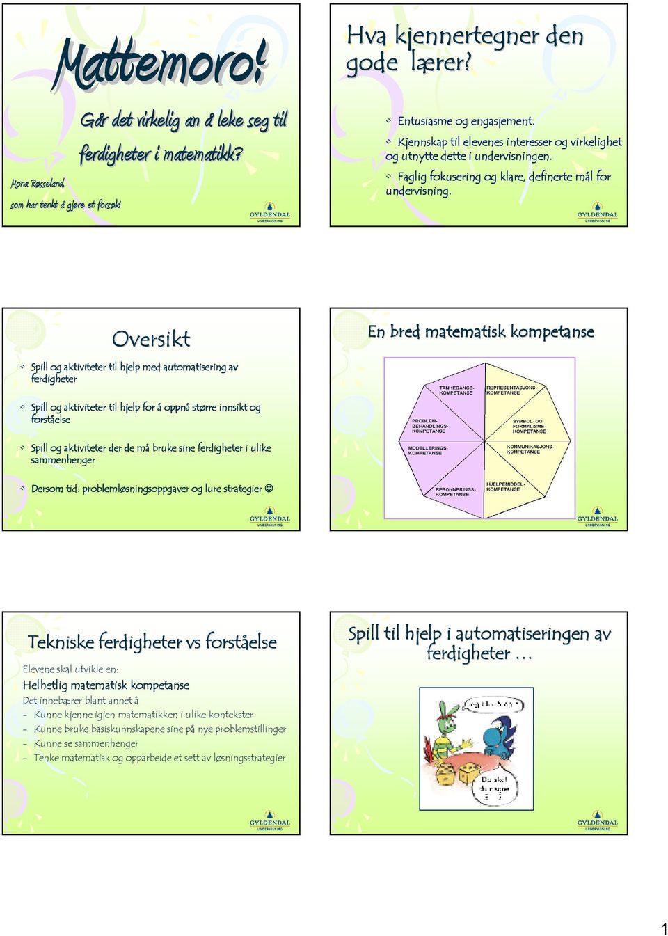 Oversikt Spill og aktiviteter til hjelp med automatisering av ferdigheter En bred matematisk kompetanse Spill og aktiviteter til hjelp for å oppnå større innsikt og forståelse Spill og aktiviteter
