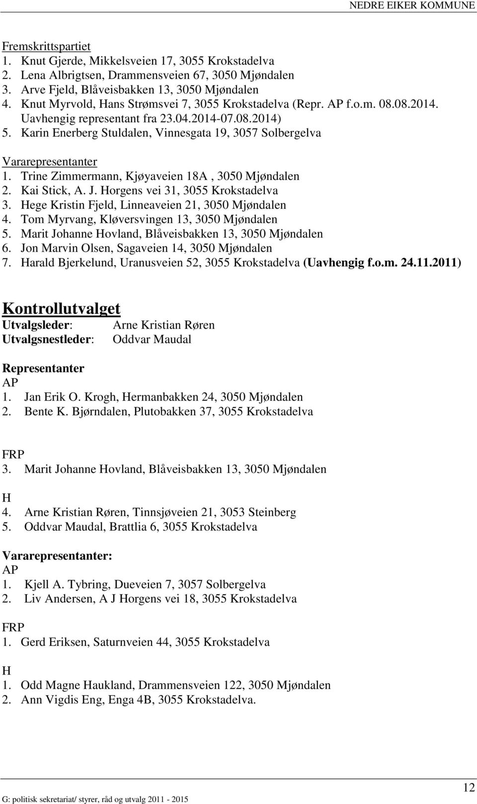 Karin Enerberg Stuldalen, Vinnesgata 19, 3057 Solbergelva Vararepresentanter 1. Trine Zimmermann, Kjøyaveien 18A, 3050 Mjøndalen 2. Kai Stick, A. J. Horgens vei 31, 3055 Krokstadelva 3.