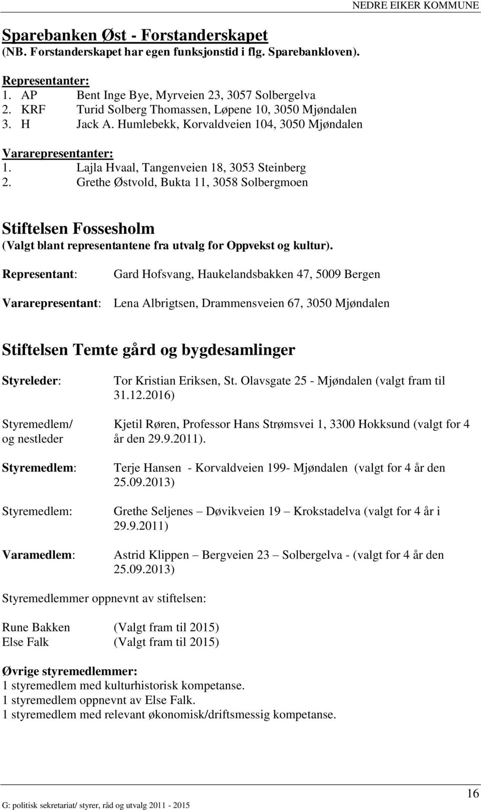 Grethe Østvold, Bukta 11, 3058 Solbergmoen NEDRE EIKER KOMMUNE Stiftelsen Fossesholm (Valgt blant representantene fra utvalg for Oppvekst og kultur).