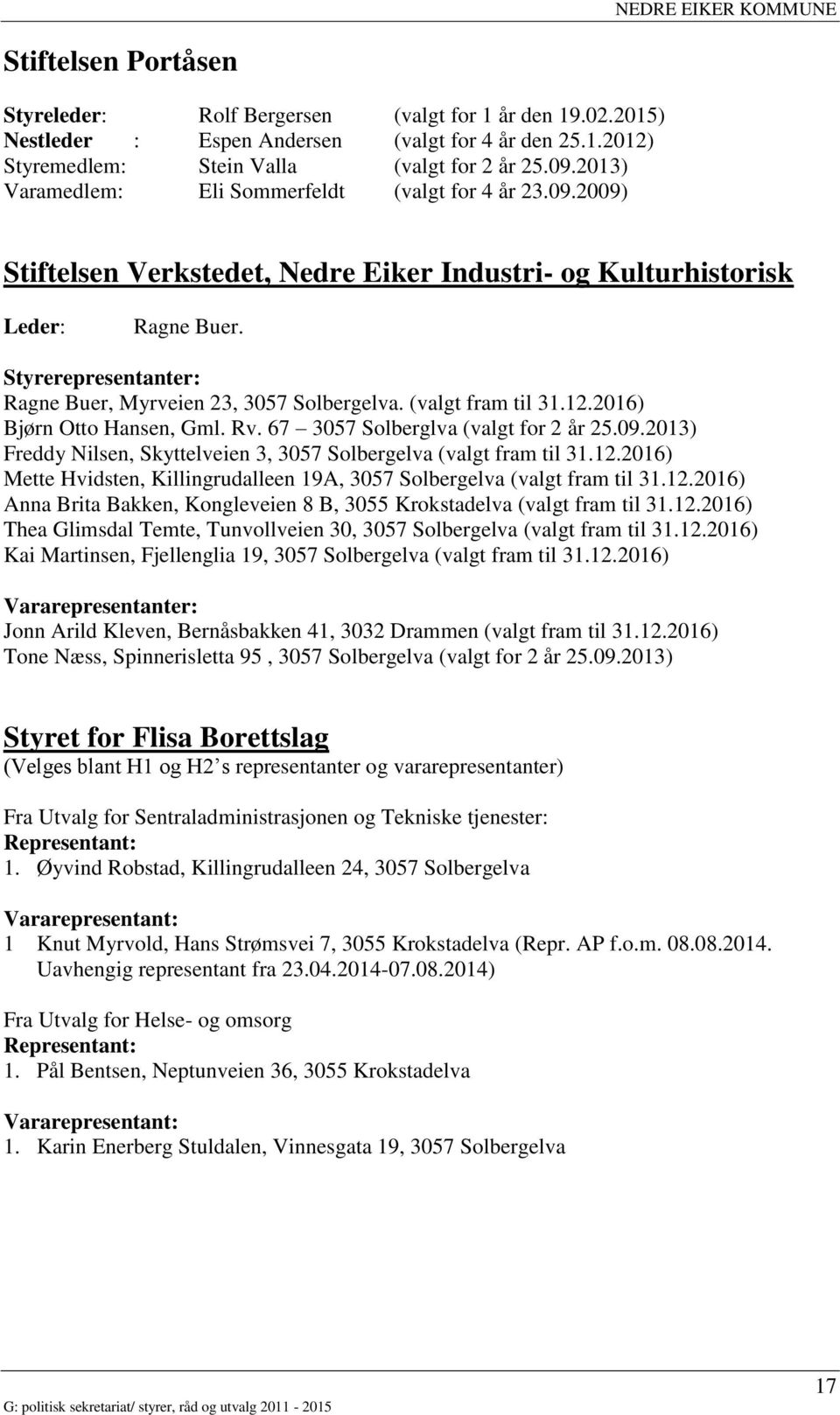 Styrerepresentanter: Ragne Buer, Myrveien 23, 3057 Solbergelva. (valgt fram til 31.12.2016) Bjørn Otto Hansen, Gml. Rv. 67 3057 Solberglva (valgt for 2 år 25.09.