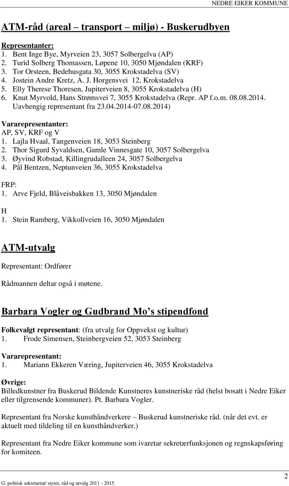 Knut Myrvold, Hans Strømsvei 7, 3055 Krokstadelva (Repr. AP f.o.m. 08.08.2014. Uavhengig representant fra 23.04.2014-07.08.2014) AP, SV, KRF og V 1. Lajla Hvaal, Tangenveien 18, 3053 Steinberg 2.