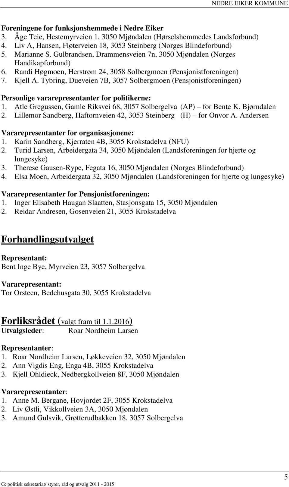 Tybring, Dueveien 7B, 3057 Solbergmoen (Pensjonistforeningen) Personlige vararepresentanter for politikerne: 1. Atle Gregussen, Gamle Riksvei 68, 3057 Solbergelva (AP) for Bente K. Bjørndalen 2.