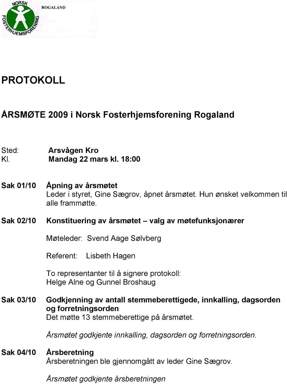 Konstituering av årsmøtet valg av møtefunksjonærer Møteleder: Svend Aage Sølvberg Referent: Lisbeth Hagen To representanter til å signere protokoll: Helge Alne og Gunnel Broshaug