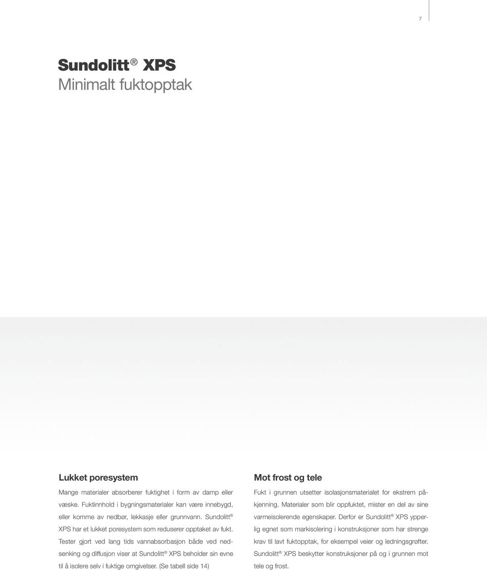 Sundolitt varmeisolerende egenskaper. Derfor er Sundolitt XPS ypper XPS har et lukket poresystem som reduserer opptaket av fukt.