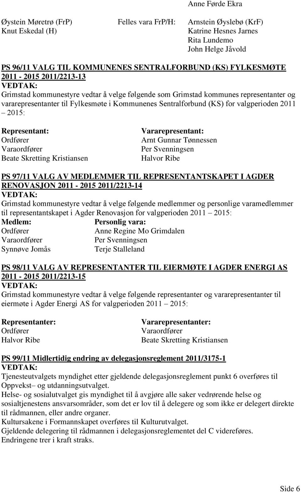 valgperioden 2011 2015: Representant: Ordfører Varaordfører Beate Skretting Kristiansen Vararepresentant: Arnt Gunnar Tønnessen Per Svenningsen Halvor Ribe PS 97/11 VALG AV MEDLEMMER TIL