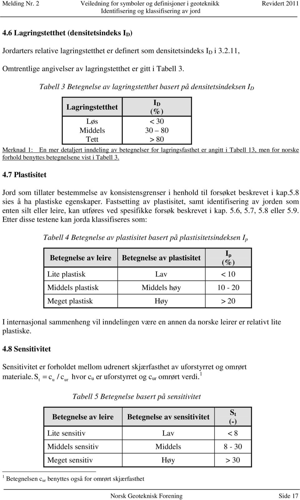 lagringsfasthet er angitt i Tabell 13, men for norske forhold benyttes betegnelsene vist i Tabell 3. 4.