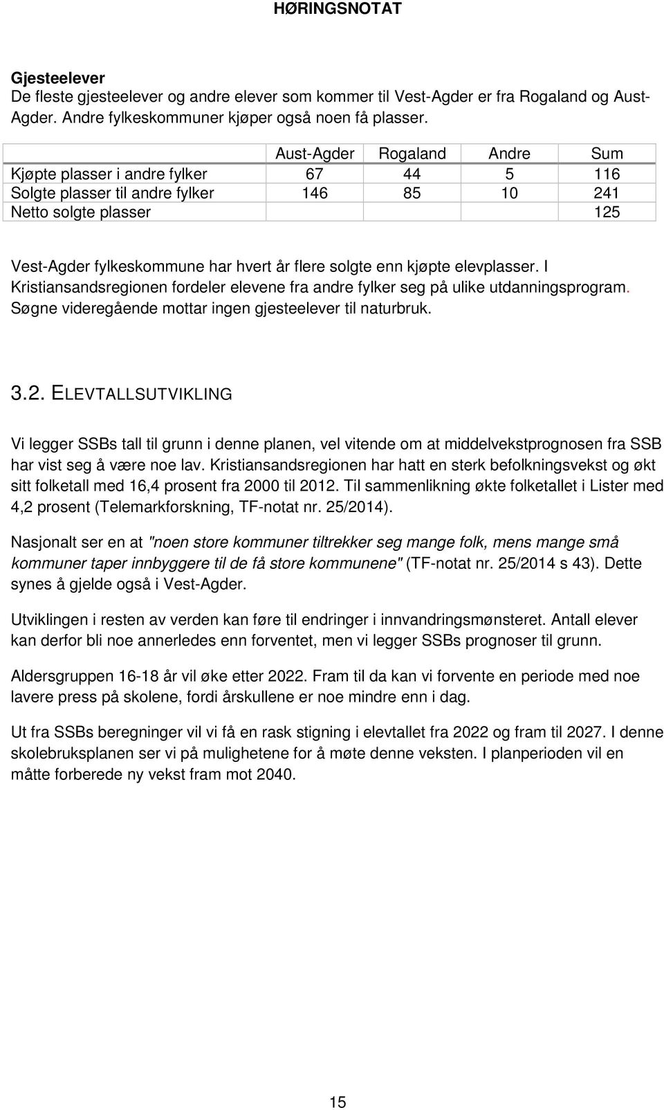 kjøpte elevplasser. I Kristiansandsregionen fordeler elevene fra andre fylker seg på ulike utdanningsprogram. Søgne videregående mottar ingen gjesteelever til naturbruk. 3.2.