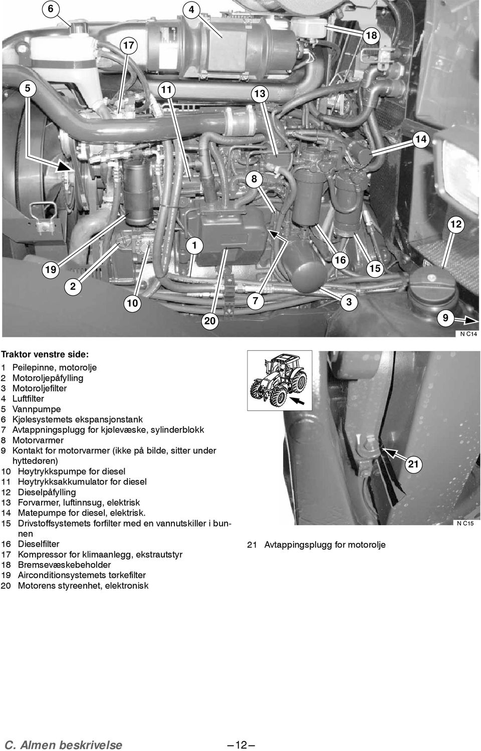 Høytrykksakkumulator for diesel 12 Dieselpåfylling 13 Forvarmer, luftinnsug, elektrisk 14 Matepumpe for diesel, elektrisk.