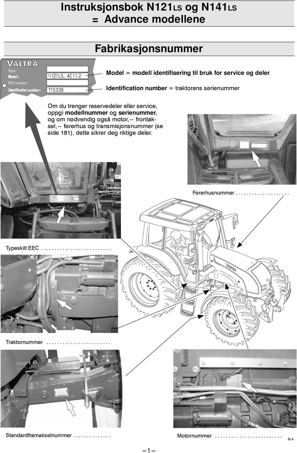 modellnummer og serienummer, og om nødvendig også motor,--- frontaksel,--- førerhus og transmisjonsnummer (se side 181),