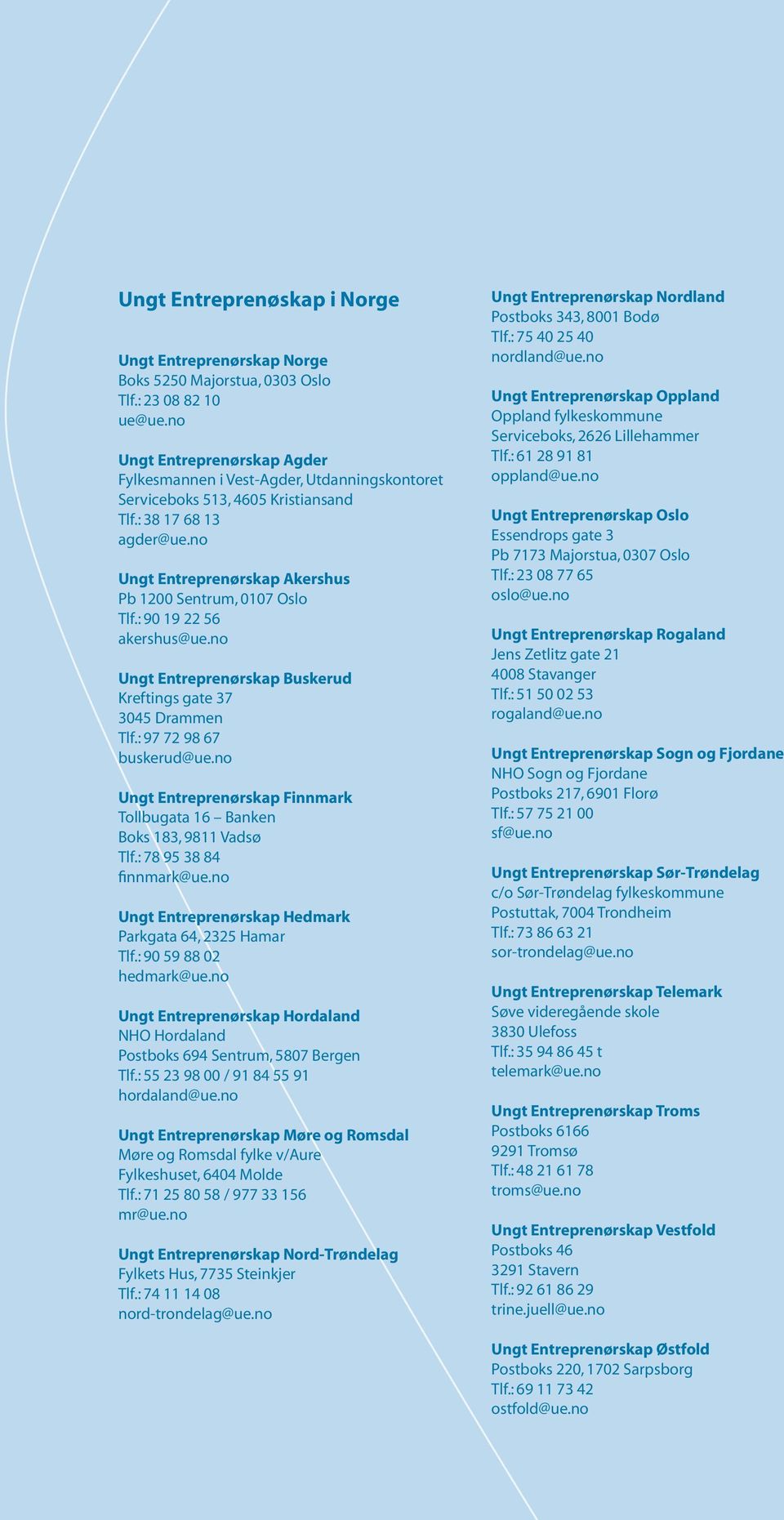 no Ungt Entreprenørskap Akershus Pb 1200 Sentrum, 0107 Oslo Tlf.: 90 19 22 56 akershus@ue.no Ungt Entreprenørskap Buskerud Kreftings gate 37 3045 Drammen Tlf.: 97 72 98 67 buskerud@ue.