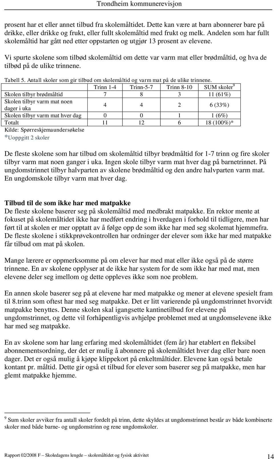 Vi spurte skolene som tilbød skolemåltid om dette var varm mat eller brødmåltid, og hva de tilbød på de ulike trinnene. Tabell 5.