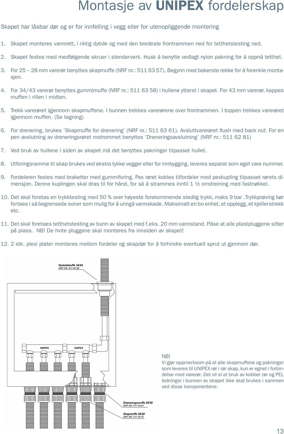 Husk å benytte vedlagt nylon pakning for å oppnå tetthet. 3. For 25 28 mm varerør benyttes skapmuffe (NRF nr.: 511 63 57). Begynn med bakerste rekke for å forenkle montasjen. 4.