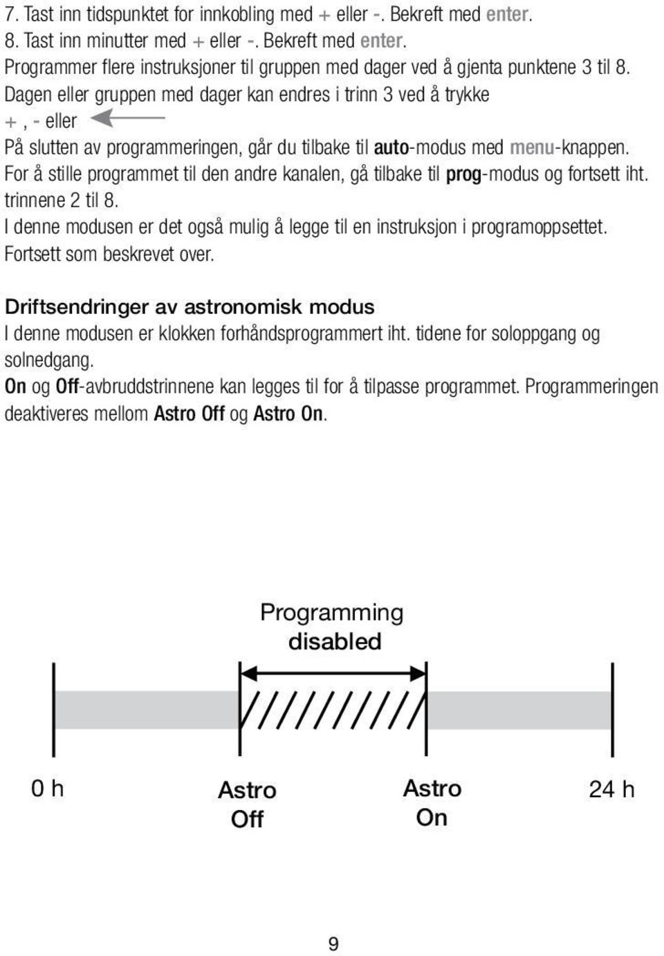 interdite For å stille programmet til den andre kanalen, gå tilbake til prog-modus og fortsett iht. trinnene 2 til 8. I denne modusen er det også mulig å legge til en instruksjon i programoppsettet.