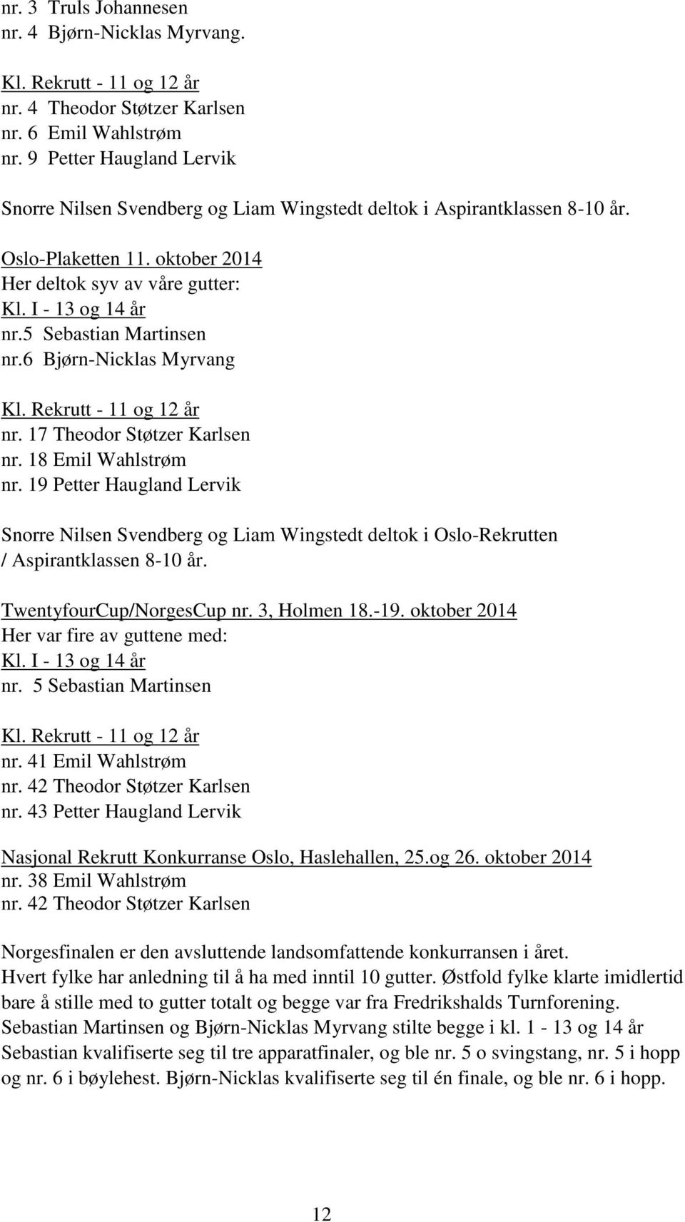 5 Sebastian Martinsen nr.6 Bjørn-Nicklas Myrvang Kl. Rekrutt - 11 og 12 år nr. 17 Theodor Støtzer Karlsen nr. 18 Emil Wahlstrøm nr.