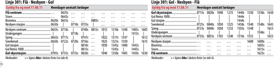 .. 1444s Nesbyen stasjon... 0630s 0710s 0735s............... Svenkerud... 0725s 0840s 1050 1225 1458s 1540 1540s 1645 Nesbyen sentrum... 0635s 0710s 0740s 0815s 1015 1310s 1340 1405s 1605 Sjong.