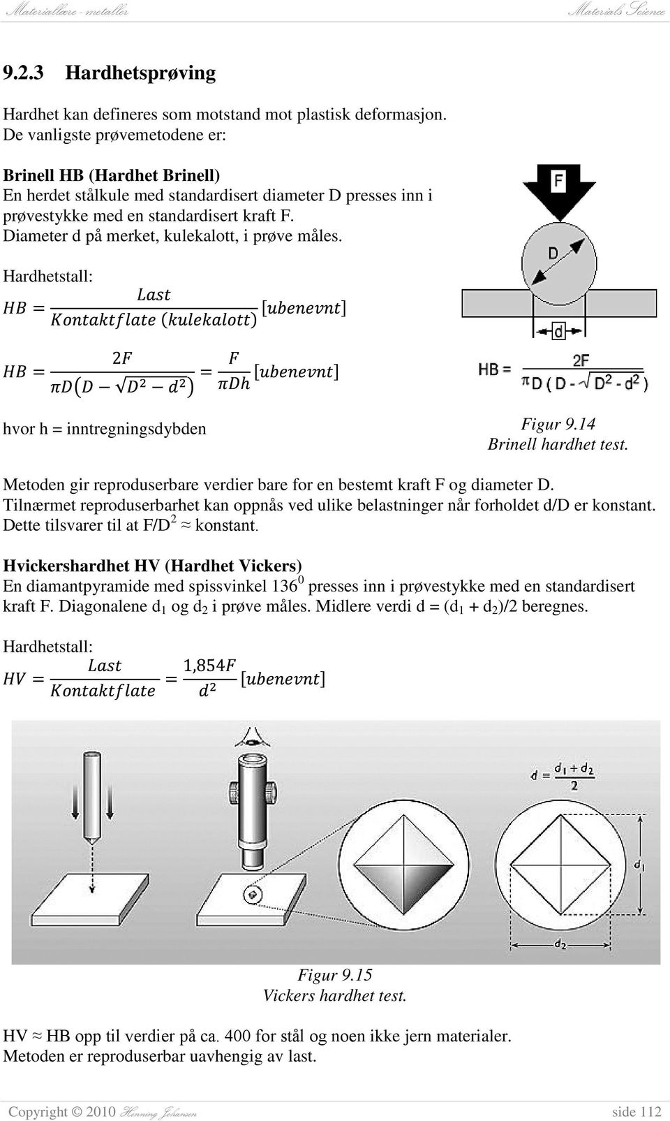 Diameter d på merket, kulekalott, i prøve måles. Hardhetstall: hvor h = inntregningsdybden Figur 9.14 Brinell hardhet test.