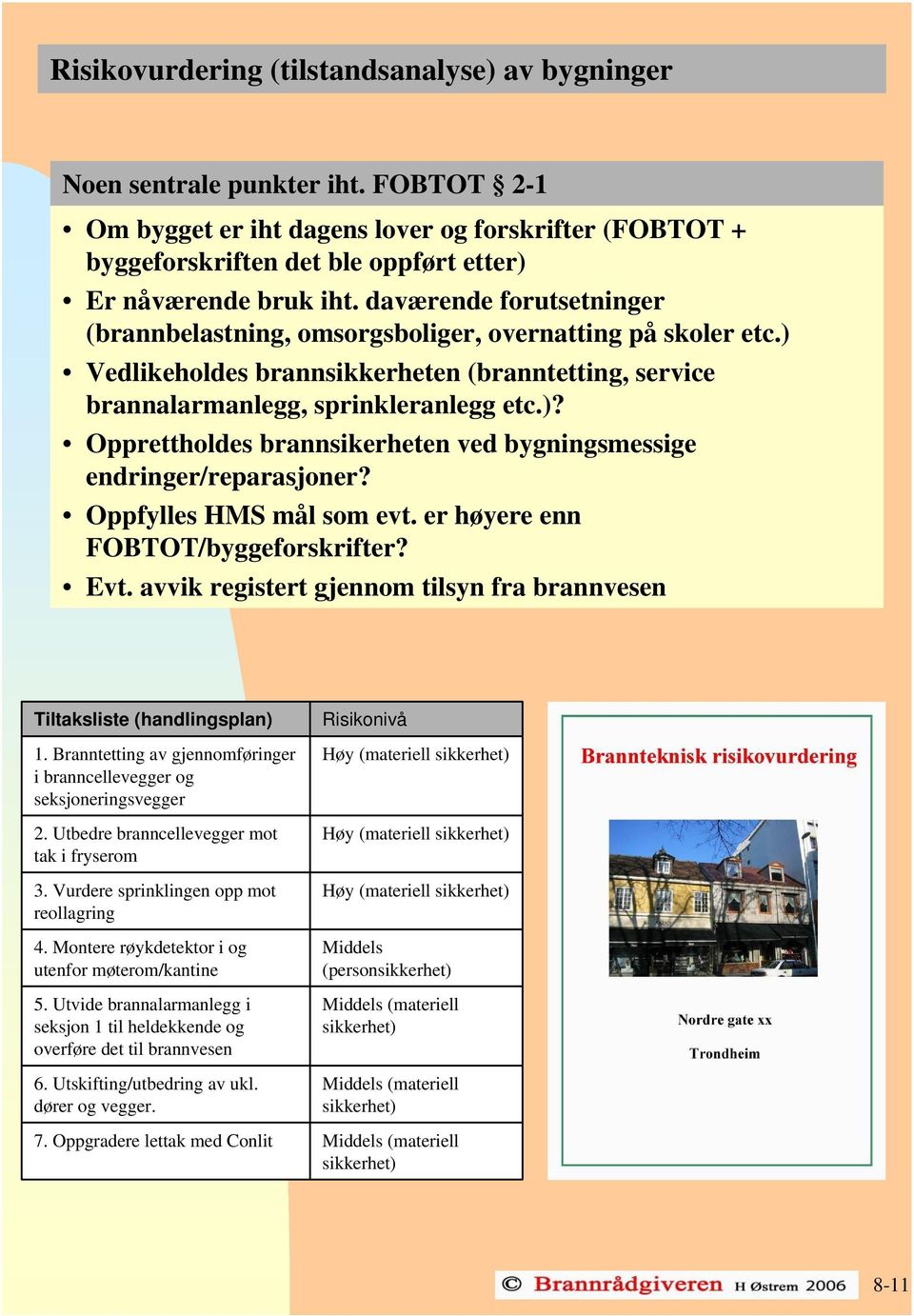 daværende forutsetninger (brannbelastning, omsorgsboliger, overnatting på skoler etc.) Vedlikeholdes brannsikkerheten (branntetting, service brannalarmanlegg, sprinkleranlegg etc.)? Opprettholdes brannsikerheten ved bygningsmessige endringer/reparasjoner?