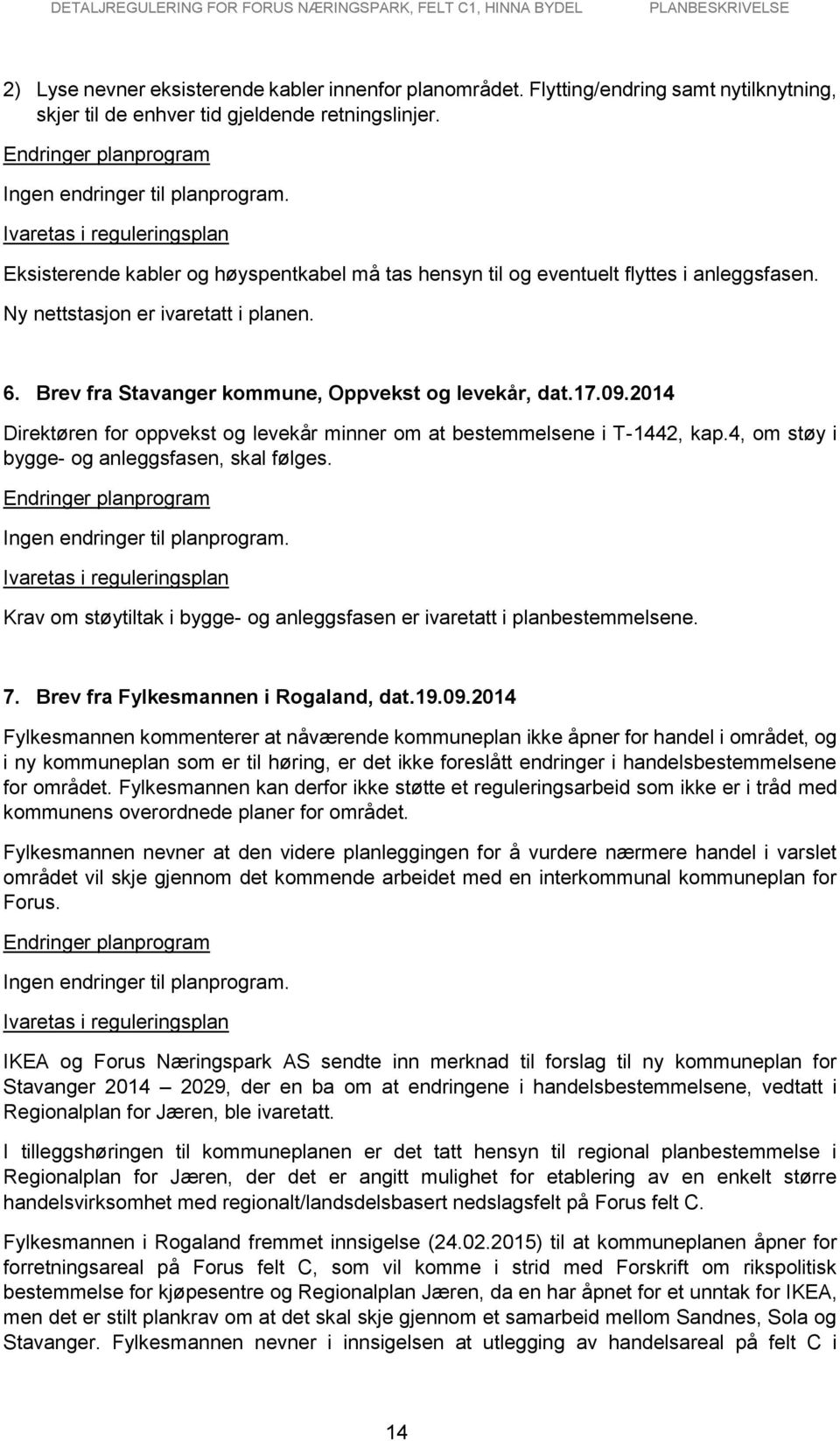 Brev fra Stavanger kommune, Oppvekst og levekår, dat.17.09.2014 Direktøren for oppvekst og levekår minner om at bestemmelsene i T-1442, kap.4, om støy i bygge- og anleggsfasen, skal følges.