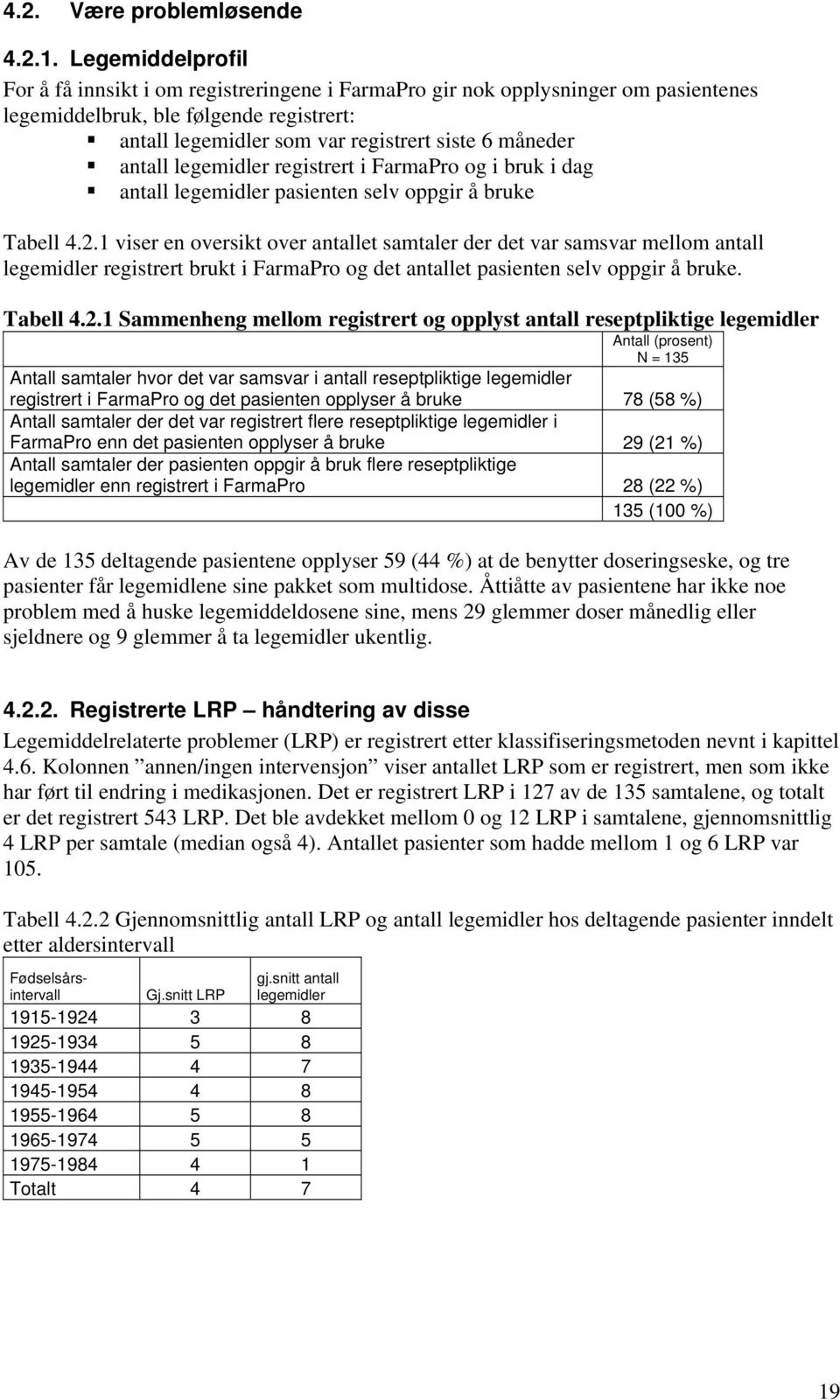 antall legemidler registrert i FarmaPro og i bruk i dag antall legemidler pasienten selv oppgir å bruke Tabell 4.2.