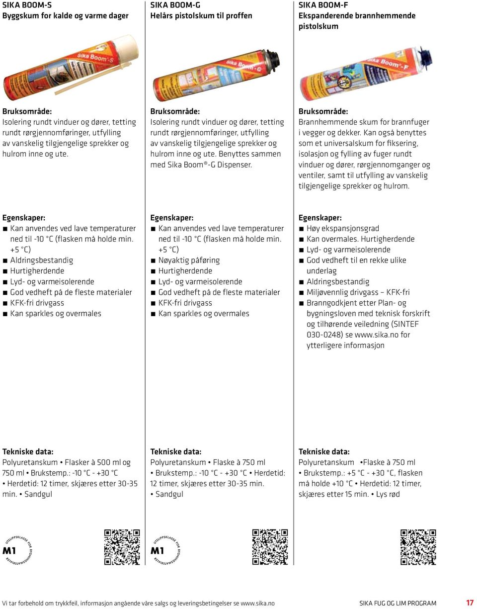 Isolering rundt vinduer og dører, tetting rundt  Benyttes sammen med Sika Boom -G Dispenser. Brannhemmende skum for brannfuger i vegger og dekker.