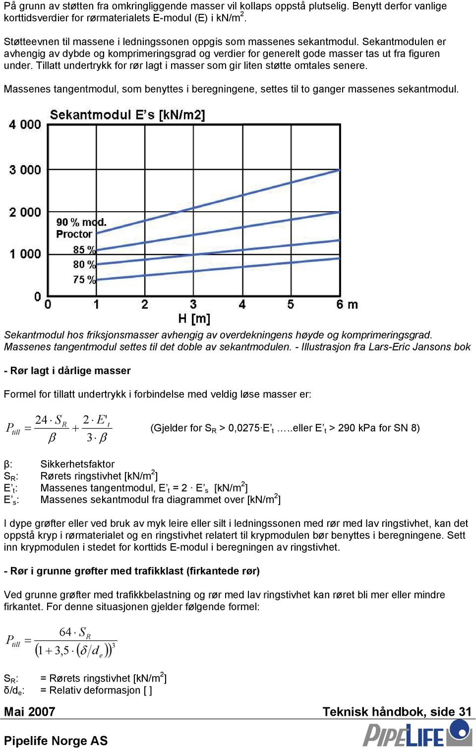 Tillatt undertrykk for rør lagt i masser som gir liten støtte omtales senere. Massenes tangentmodul, som benyttes i beregningene, settes til to ganger massenes sekantmodul.