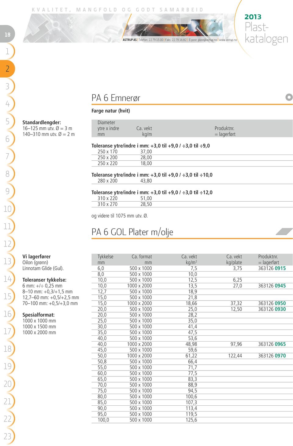 Toleranser tykkelse: mm: +/ 0, mm 0 mm: +0,/+, mm, 0 mm: +0,/+, mm 0 00 mm: +0,/+,0 mm Spesialformat: 000 x 000 mm 000 x 00 mm 000 x 00 mm PA Emnerør Farge natur (hvit) Diameter ytre x indre Ca.