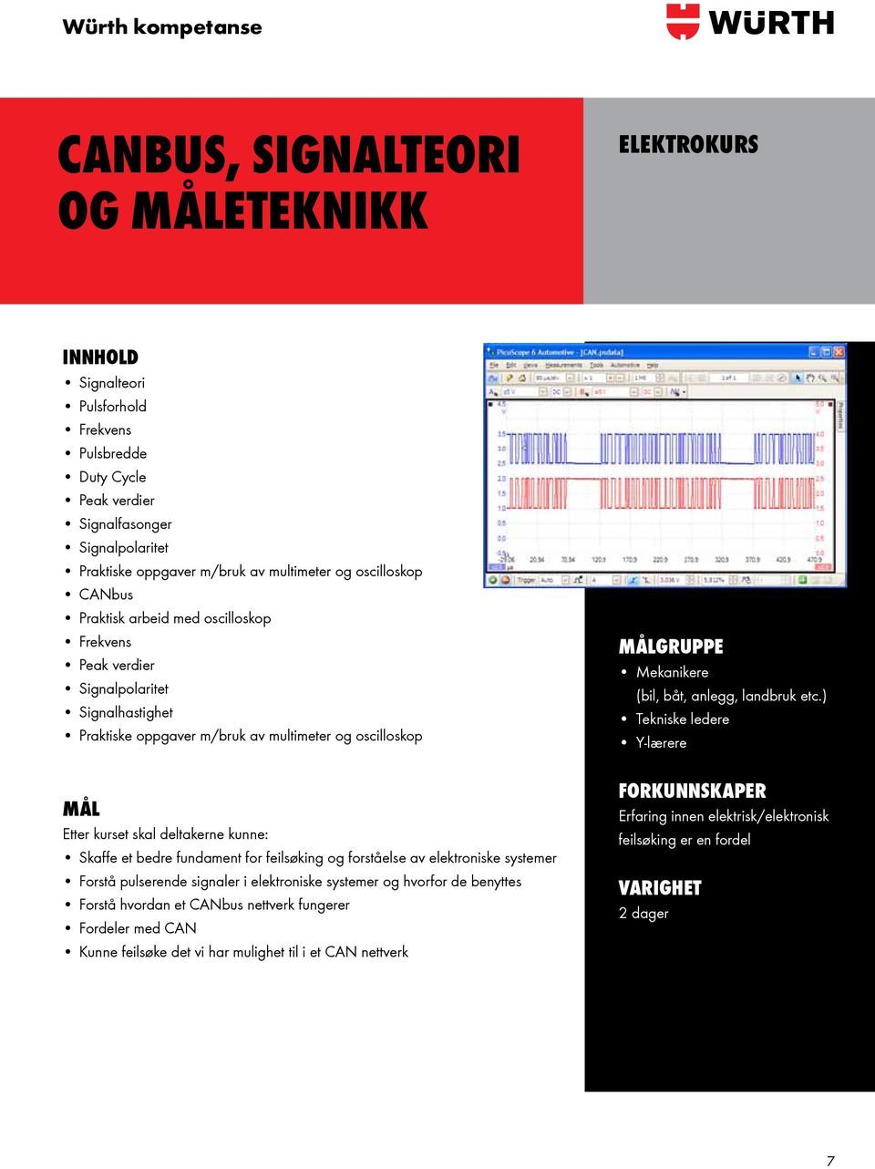 fundament for feilsøking og forståelse av elektroniske systemer Forstå pulserende signaler i elektroniske systemer og hvorfor de benyttes Forstå hvordan et CANbus nettverk fungerer Fordeler med CAN