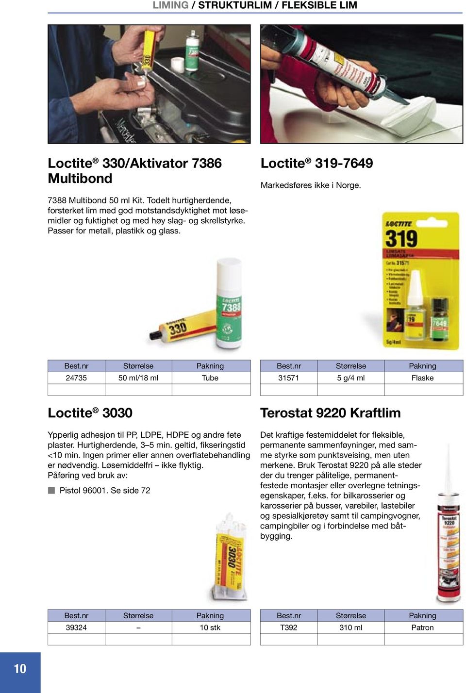 Loctite 319-769 Markedsføres ikke i Norge. 2735 50 ml/18 ml Tube 31571 5 g/ ml Flaske Loctite 3030 Ypperlig adhesjon til PP, LDPE, HDPE og andre fete plaster. Hurtigherdende, 3 5 min.