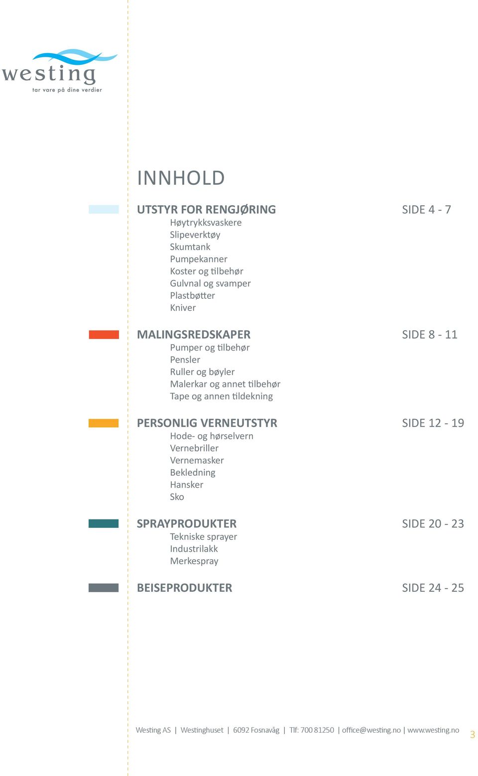 tildekning PERSONLIG VERNEUTSTYR SIDE 12-19 Hode- og hørselvern Vernebriller Vernemasker Bekledning Hansker Sko SPRAYPRODUKTER SIDE 20-23