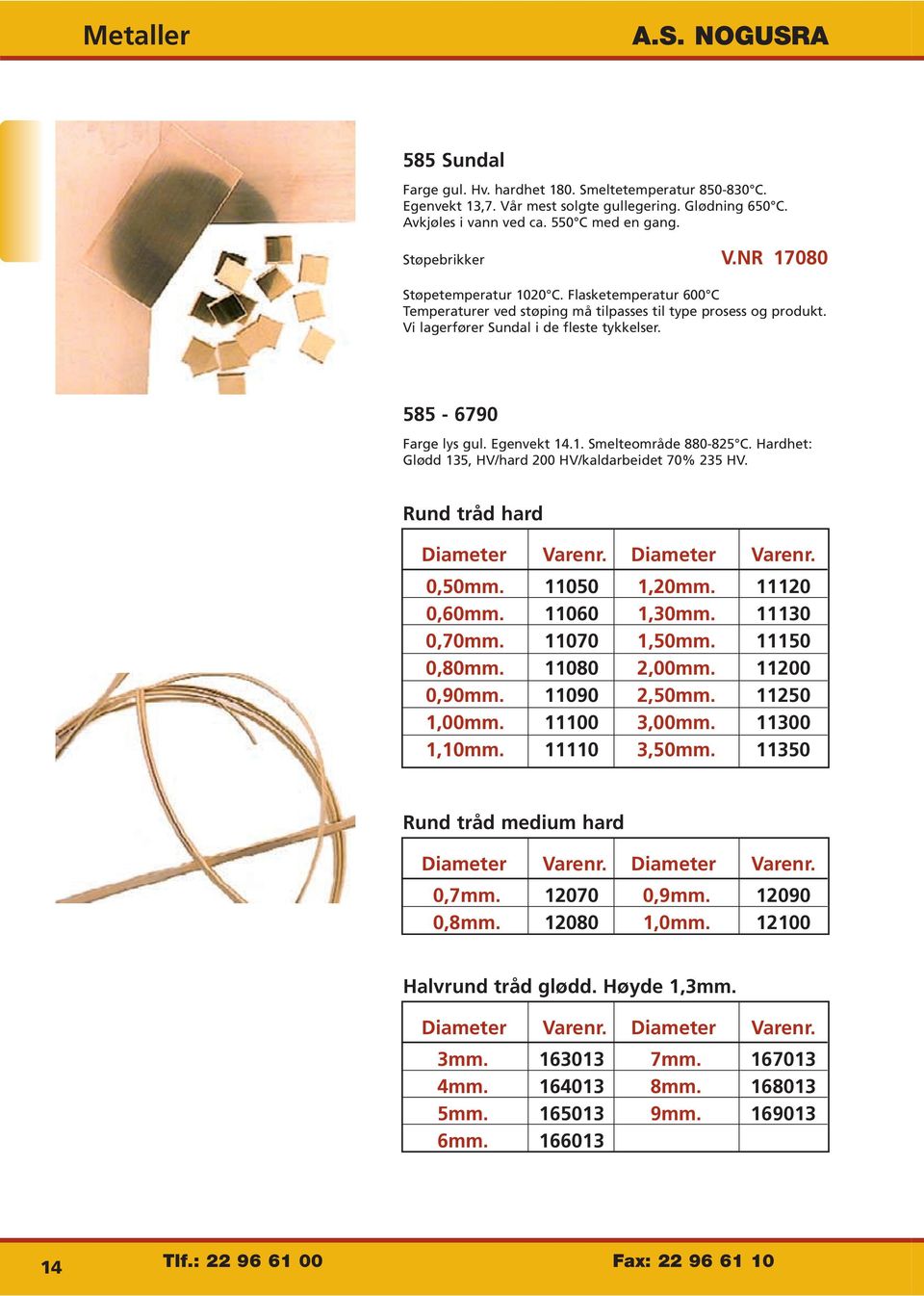 585-6790 Farge lys gul. Egenvekt 14.1. Smelteområde 880-825 C. Hardhet: Glødd 135, HV/hard 200 HV/kaldarbeidet 70% 235 HV. Rund tråd hard Diameter Varenr. Diameter Varenr. 0,50mm. 11050 1,20mm.