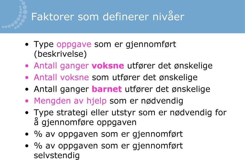 utfører det ønskelige Mengden av hjelp som er nødvendig Type strategi eller utstyr som er