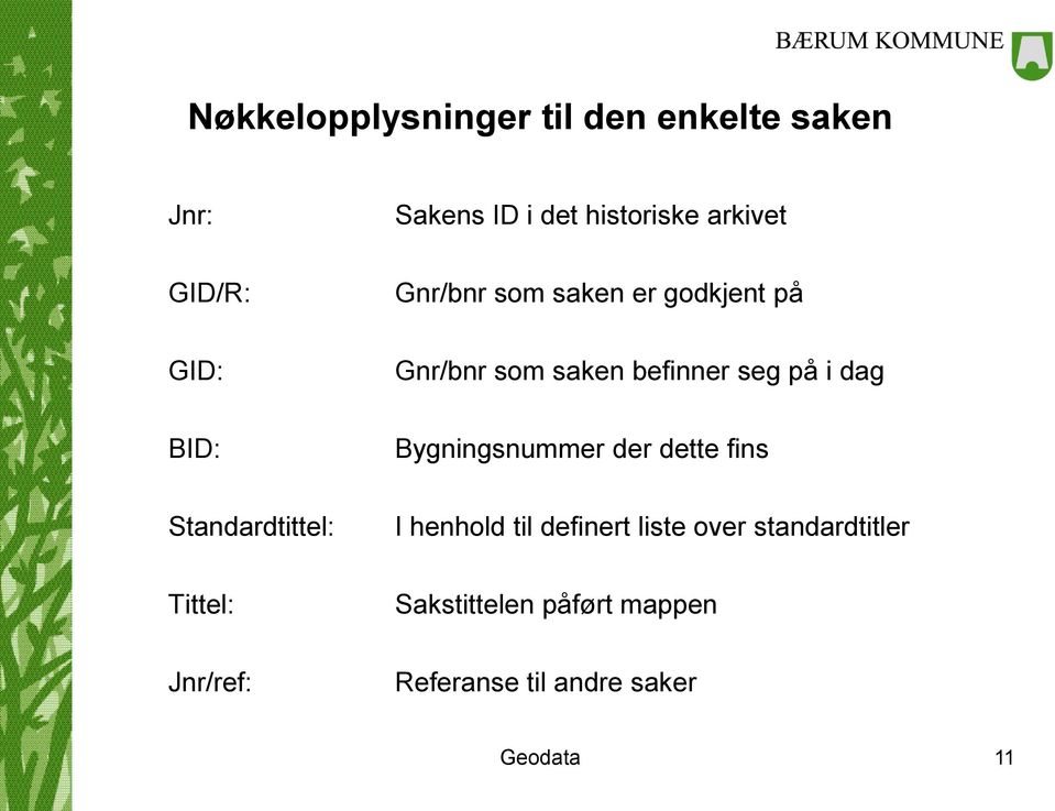 BID: Bygningsnummer der dette fins Standardtittel: I henhold til definert liste over