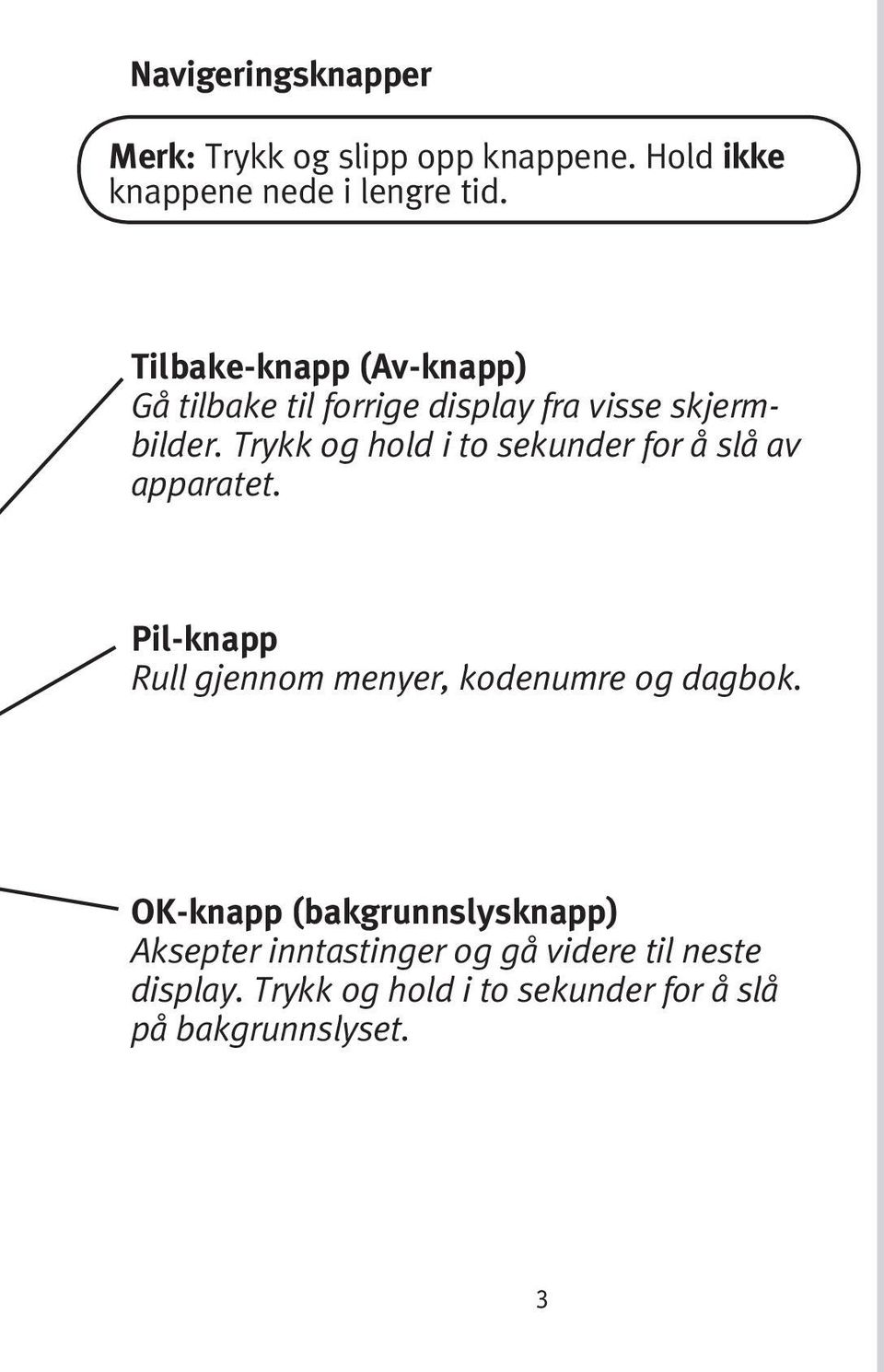 Trykk og hold i to sekunder for å slå av apparatet. Pil-knapp Rull gjennom menyer, kodenumre og dagbok.